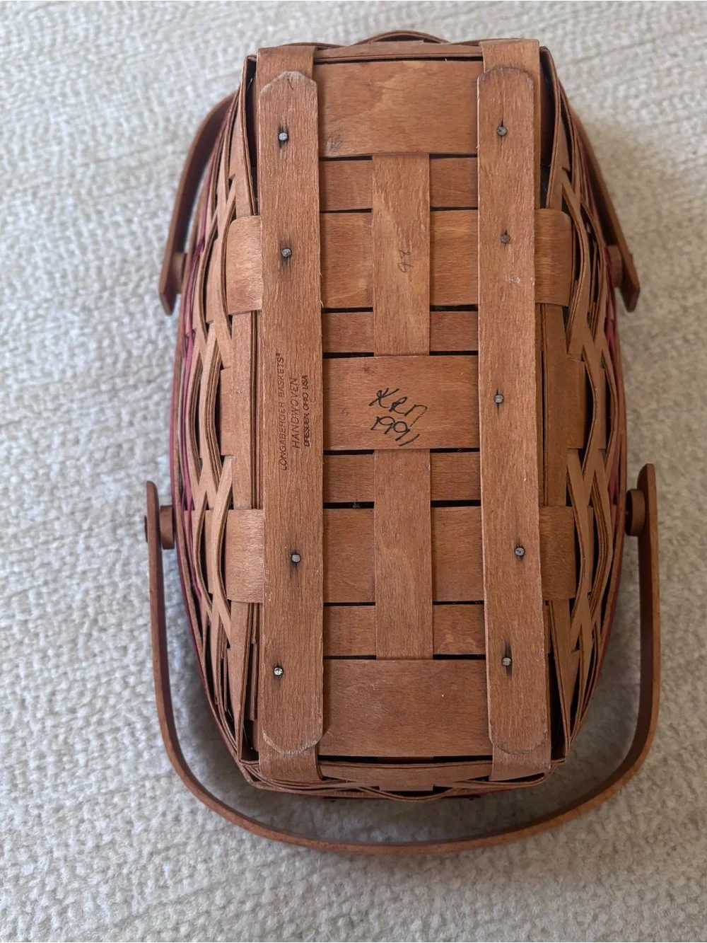 Longaberger 1991 Natural Wood Basket with Raspberry Accent
